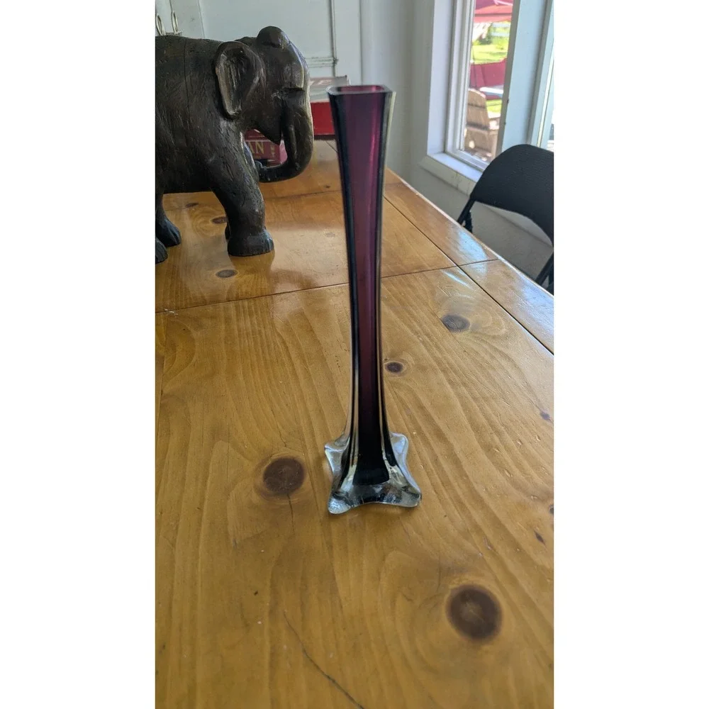 Vintage Amethyst Purple Sommerso Art Glass Bud Vase 12 Inch Tall Square Neck MCM